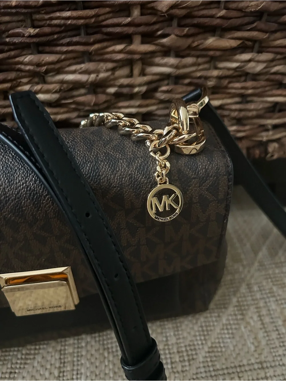 Michael Kors Lita Brown and Black Logo Crossbody with handle Gold Chain